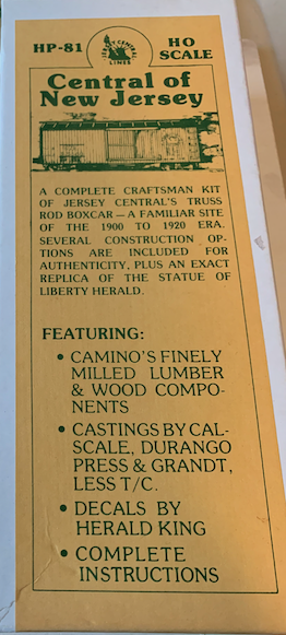 Box to an HO scale craftsman kit that reads, "HP-81 HO SCALE Central of New Jersey" and has a description of the contents: scale lumber, castings, decals, and instructions.