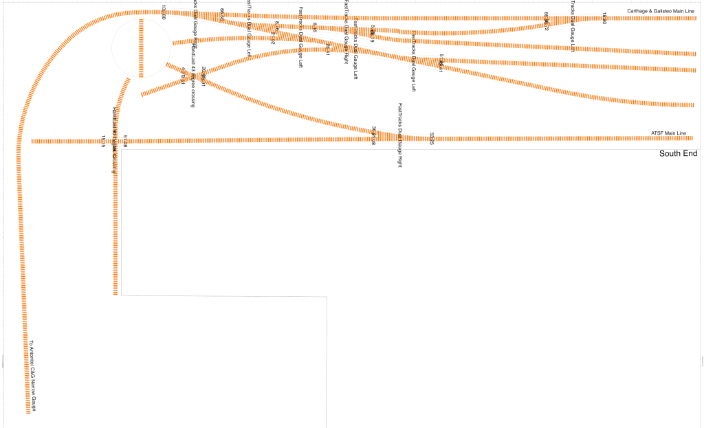 Draft track diagram of the Carthage & Galisteo layout - Phase I. Created in xtrkcad.