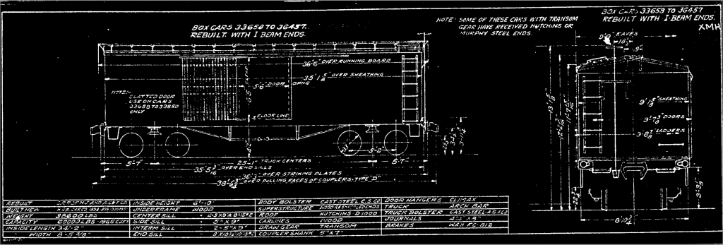 Draftsman's diagram of a 40 foot box car showing roof walks, brake staff, door construction, truss rods, ladders, and stirrup steps. It has a table in the corner with dimensional and technical information, including the indication that the truck were arch bar.