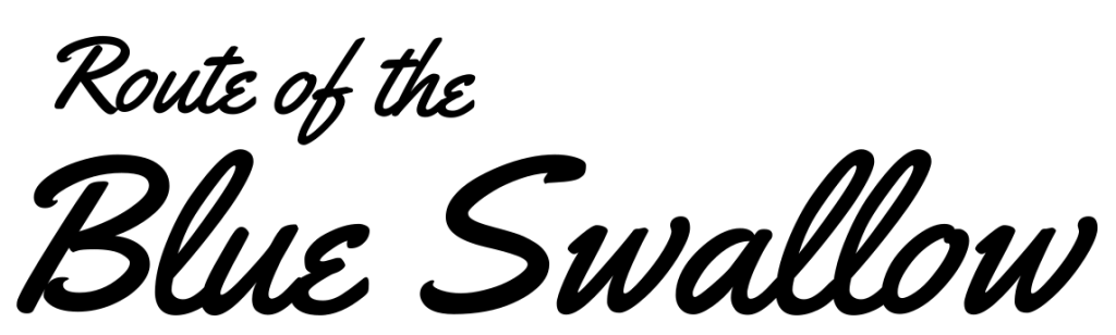 Late 1930s advertorial faux-written typeface reading "Route of the Blue Swallow"