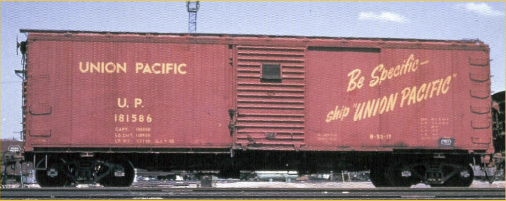 Color prototype photo of a Union Pacific wood box car. From Harley Trains.