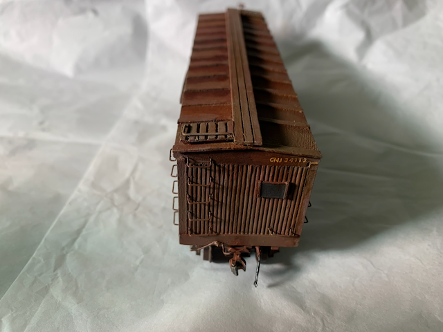 Completed HO scale CNJ box car, A end view.