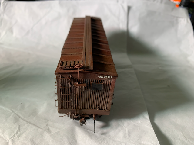 Completed HO scale CNJ box car, B end view.