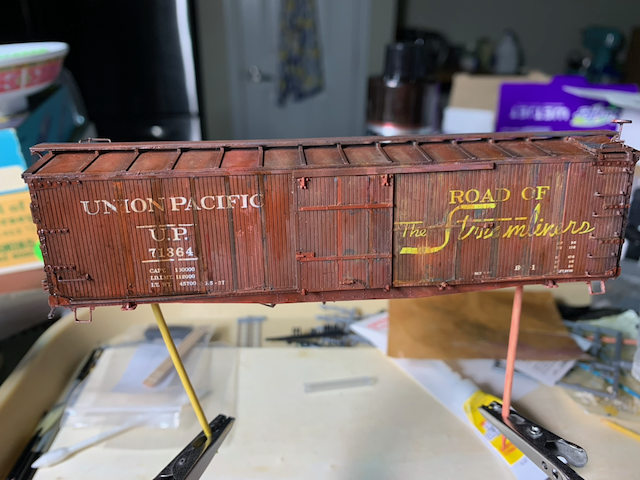 Heavily weathered HO scale UP box car, post-oil weathering.