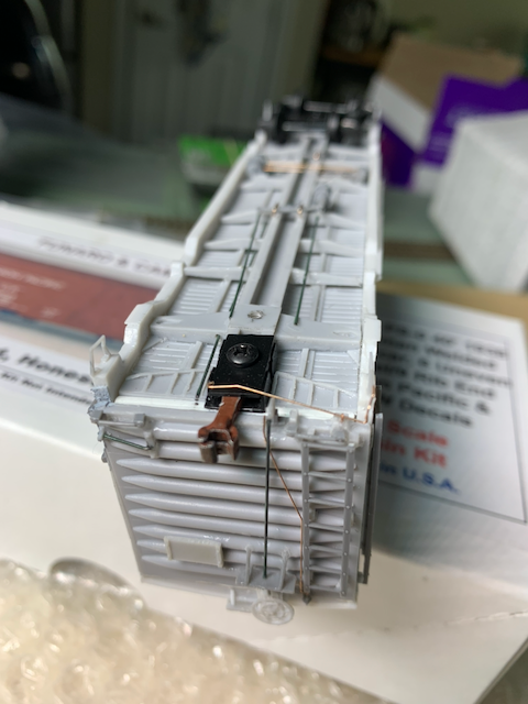 HO scale box car cut lever installation, B end view.