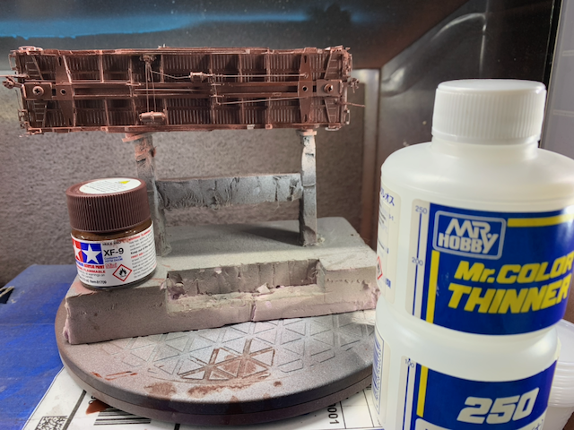 HO scale box car painted with Tamiya XF-9 Hull Red and Mr. Color thinner.