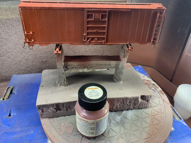 HO scale box car with a basecoat of Tru-Color TCP-180 UP 44-50's FRT. CAR BROWN.