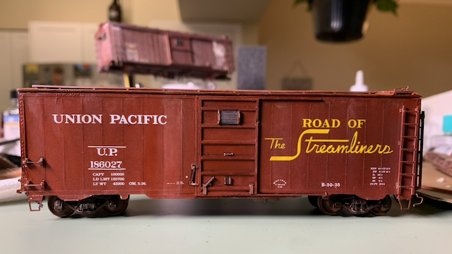 HO scale UP box car, weathered. View of the side that reads, "ROAD OF The Streamliners".